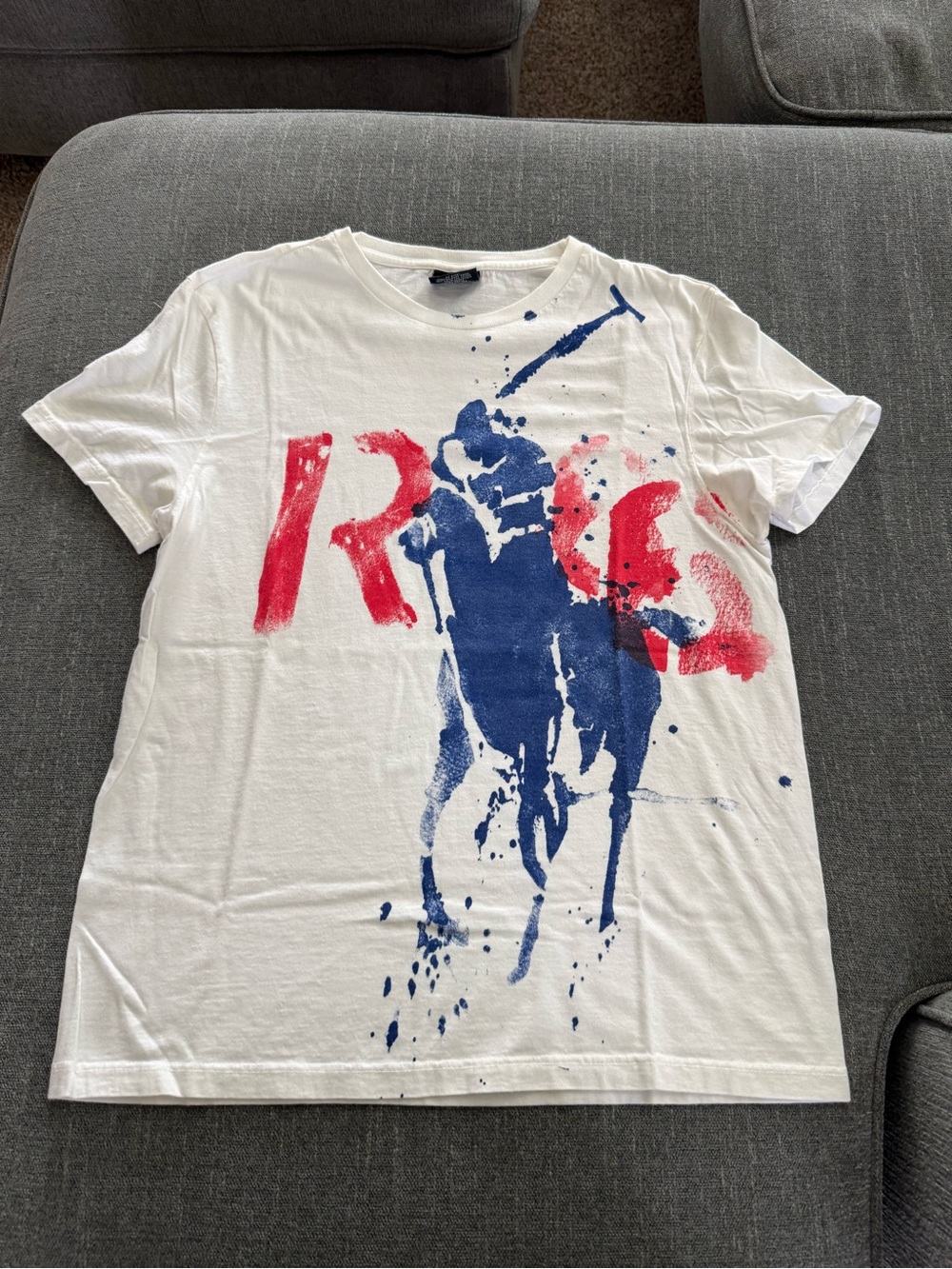Ralph Lauren White Tee with Blue Polo Player and Red Graphic
